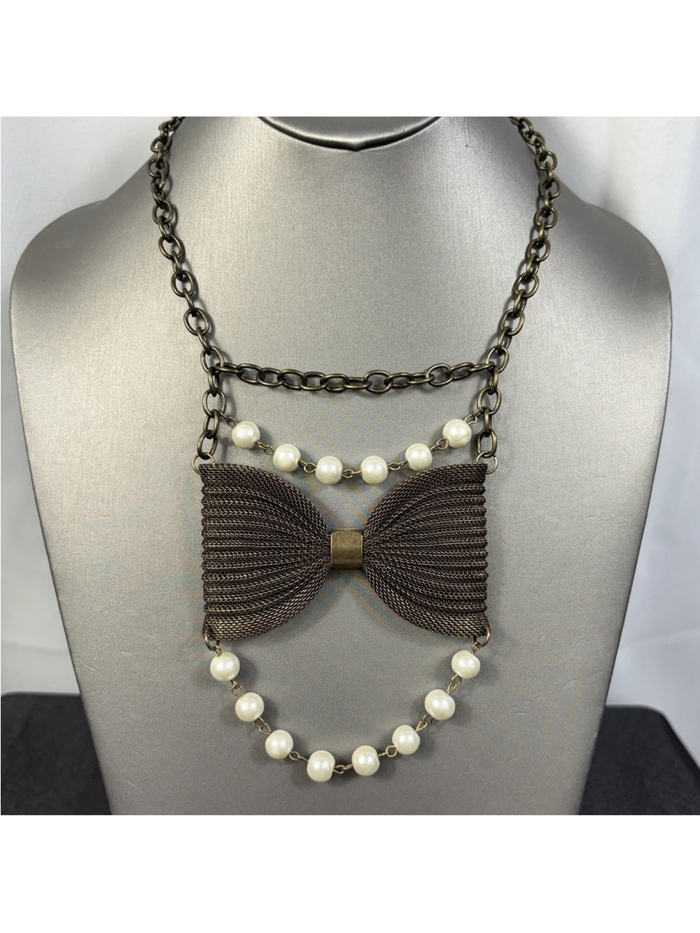 Handmade Upcycled Necklace Faux Pearl Bow Bronze/Antiqued Brassy Color 17" to 20